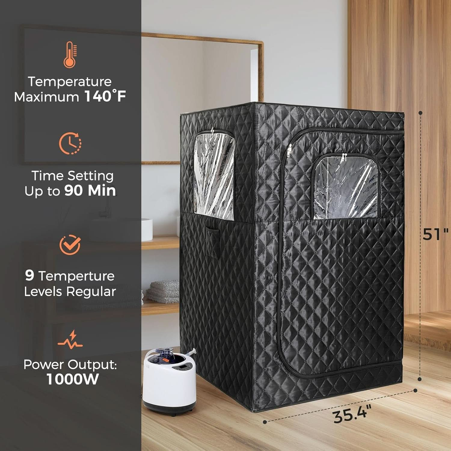 Upgraded Version Portable Sauna for Home Full Body Personal Sauna Steam Sauna Tent at Home Spa with 2.6L 1000W Steam Generator, 90 Minute Timer, Foldable Chair, Remote Control Included(Black)