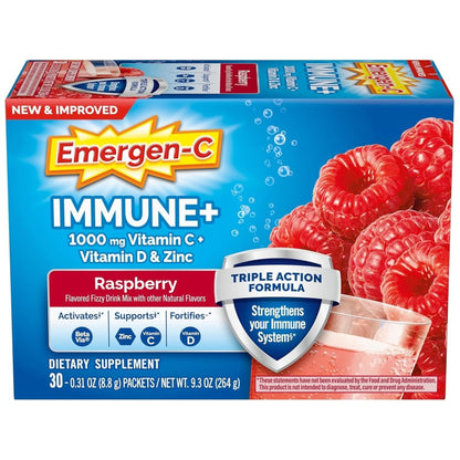 Emergen-C Immune+ Triple Action Immune Support Powder, Betavia (R), 1000Mg Vitamin C, B Vitamins, Vitamin D and Antioxidants, Raspberry – 30 Count