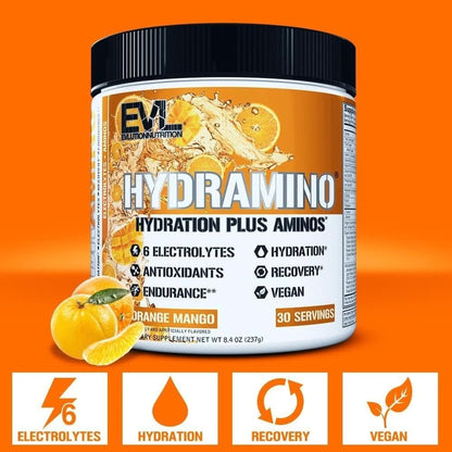 Evlution Nutrition HYDRAMINO Complete Hydration Multiplier, All 6 Electrolytes, Vitamin C & B, Fluid Boosting Aminos, Coconut Water, Endurance, Recovery, Antioxidants, 30 Serve, Orange Mango