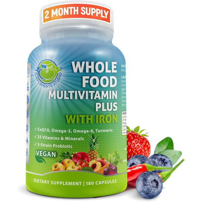 Vegan Whole Food Multivitamin with Iron, Daily Multivitamin for Women and Men, Made with Fruits & Vegetables, B-Complex, Probiotics, Enzymes, Coq10, Omegas, Turmeric, Non-Gmo, 90 Count