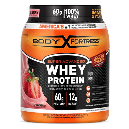 Body Fortress Super Advanced Whey Protein Powder, Strawberry, 60G Protein & 12G Bcaas per 2 Scoops, Muscle Gain & Recovery, Immune Support with Vitamins C & D, 1.78Lb (Packaging May Vary)