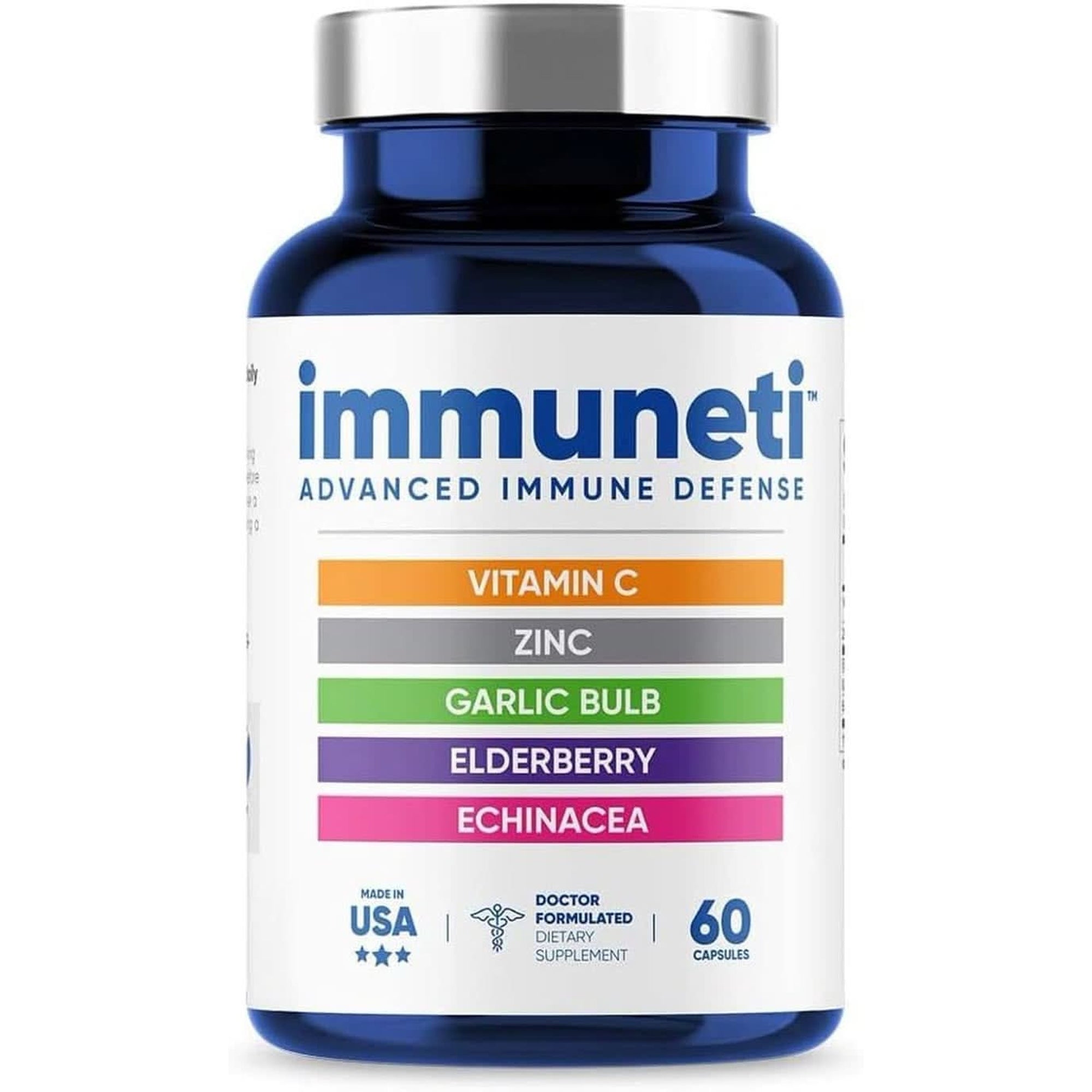 Immuneti - Advanced Immune Defense, 6-In-1 Powerful Blend of Vitamin C, Vitamin D3, Zinc, Elderberries, Garlic Bulb, Echinacea - Supports Overall Health, Provides Vital Nutrients & Antioxidants