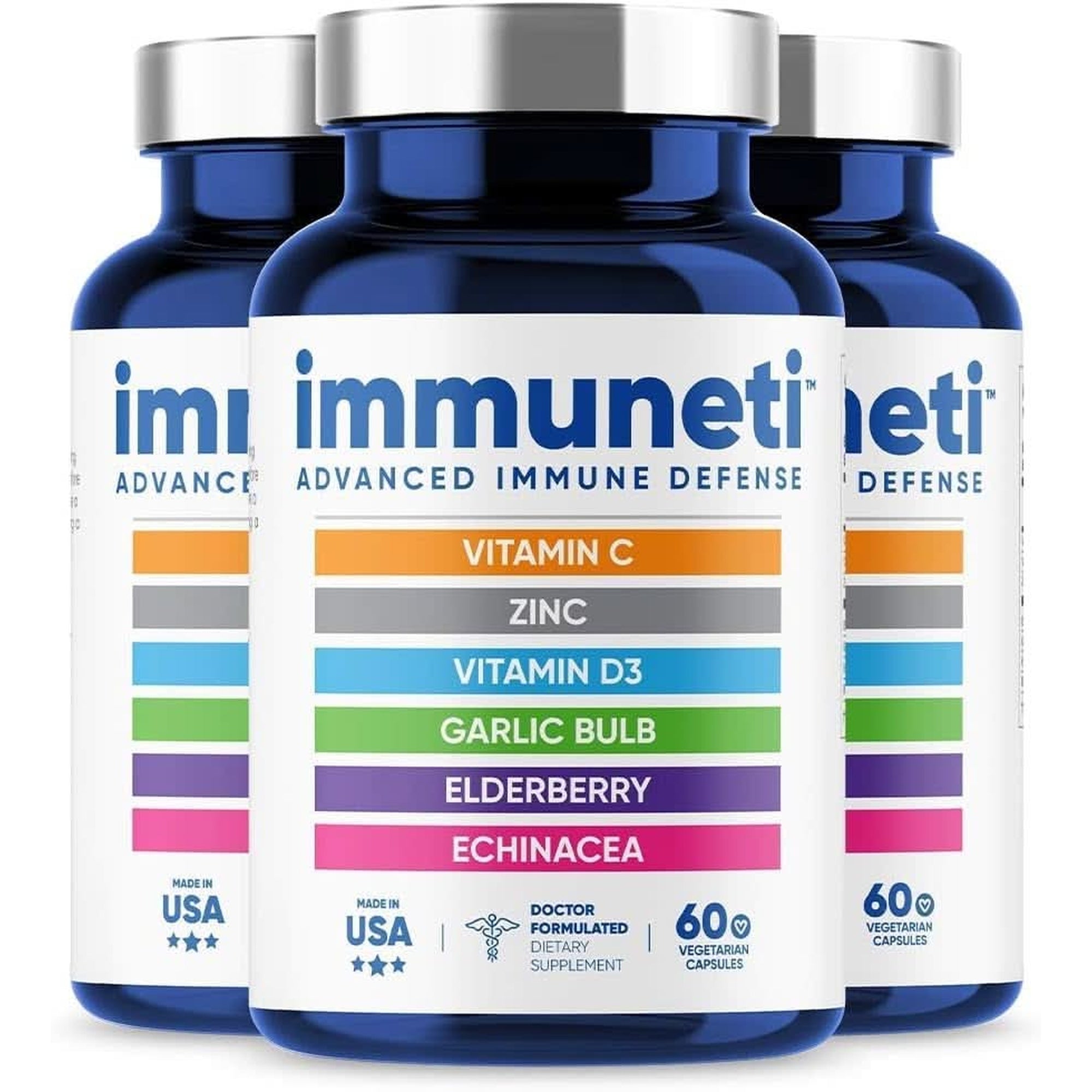 Immuneti - Advanced Immune Defense, 6-In-1 Powerful Blend of Vitamin C, Vitamin D3, Zinc, Elderberries, Garlic Bulb, Echinacea - Supports Overall Health, Provides Vital Nutrients & Antioxidants