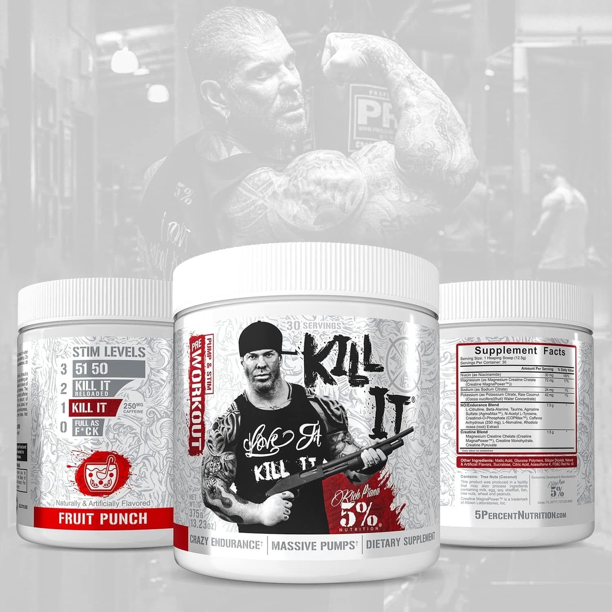 5% Nutrition Rich Piana Kill It Pre Workout Powder W/Creatine, Jitter-Free Caffeine, No-Booster, Beta Alanine, L-Citrulline for Focus, Pump, Endurance, Recovery 13.23 Oz, 30 Srvgs (Fruit Punch)