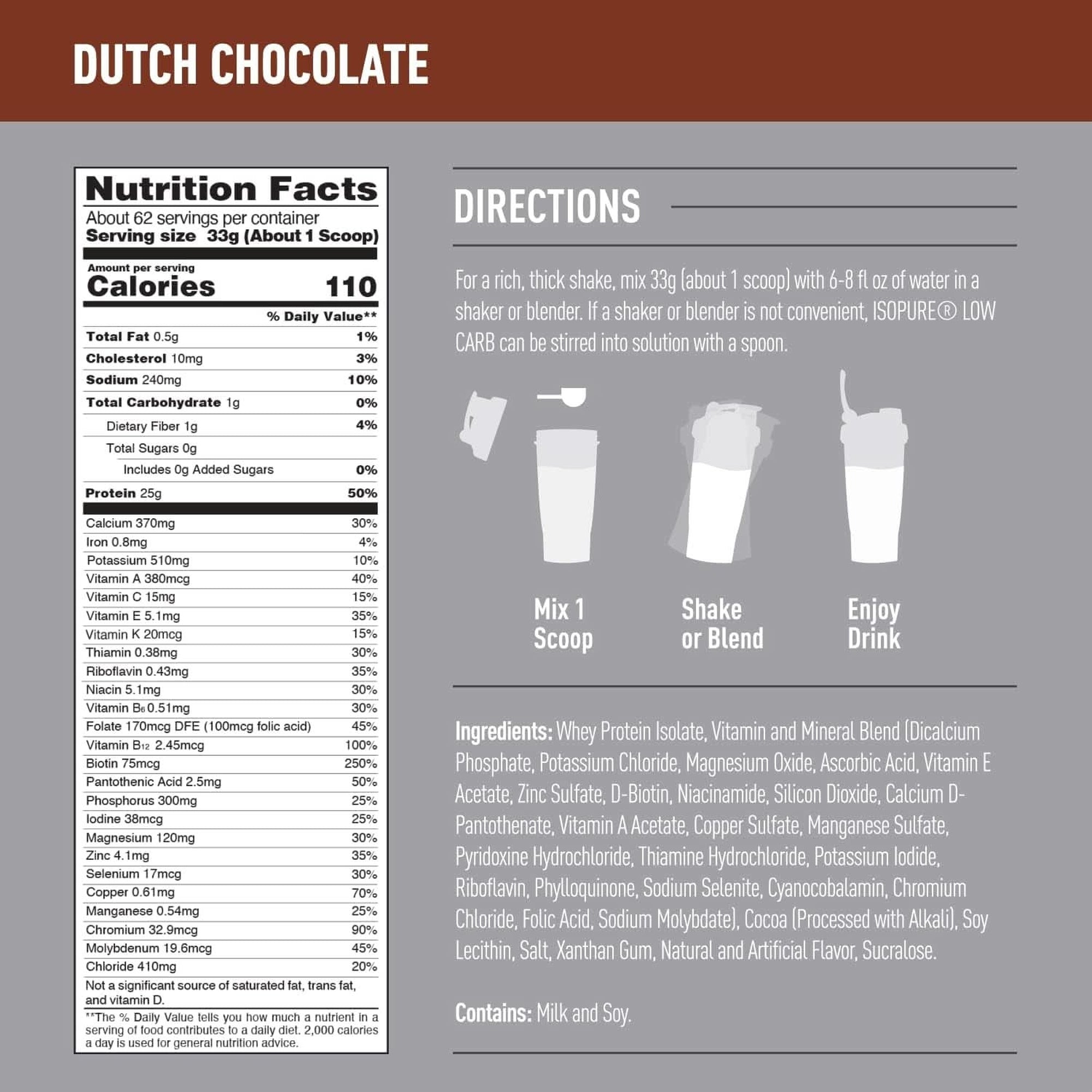 Isopure Protein Powder, Whey Isolate with Vitamin C & Zinc for Immune Support, 25G Protein, Low Carb & Keto Friendly, Flavor: Dutch Chocolate, 62 Servings, 4.5 Pounds (Packaging May Vary)