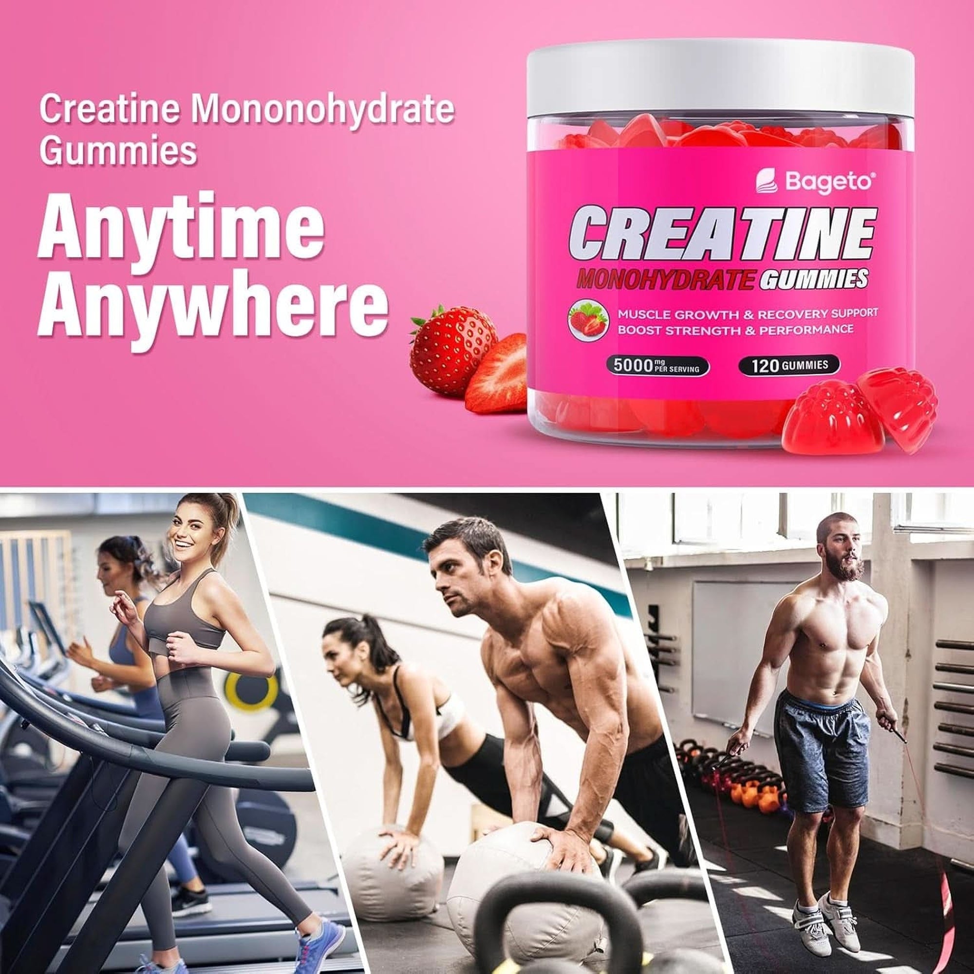 Creatine Monohydrate Gummies 5000Mg for Men & Women, Gomitas De Creatina 5G Creatine Monohydrate, 0G Sugar Chewables Creatine Pre-Work Out for Muscle Strength, Vegan,120 Count (120 Count, Strawberry)