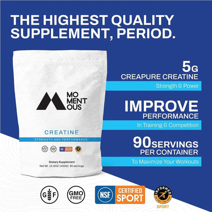 Momentous Creatine Monohydrate Powder - Creapure Creatine Performance - Monohydrate Creatine for Muscle Support, Helps Energy Levels - Creatine for Women & Men - 5G per Serving, 90 Servings