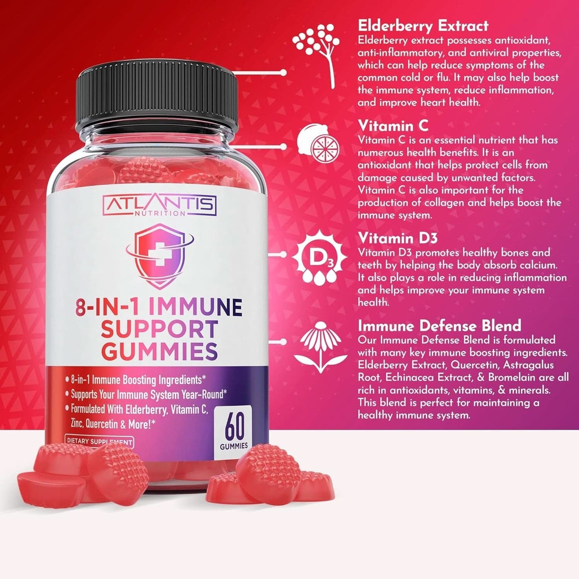 8-In-1 Immune Support Gummies with Elderberry - Powerful Immune Support Supplement Blend of Elderberry, Quercetin, Zinc & Vitamin C Gummies Are Great Immune Boosters for Adults & Kids - 60 Gummies