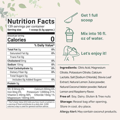 Micro Ingredients Hydration Electrolyte Powder, 2Lbs (139 Servings), Keto & No Sugar - High Potassium (1000Mg) with Lemon Raspberry Flavored - Made with Real Lemon Juice & Coconut Water - Non-Gmo