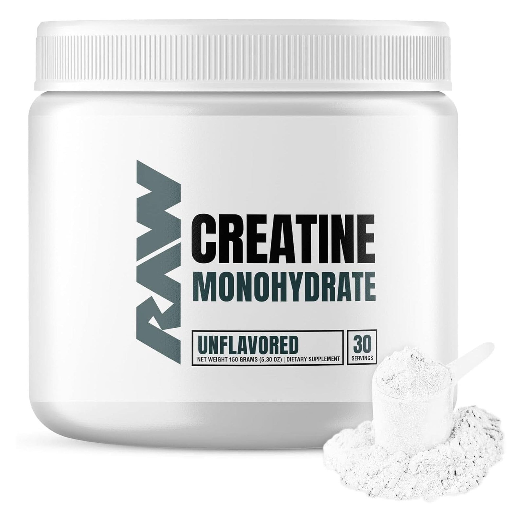 RAW Nutrition Creatine Monohydrate Powder, Unflavored (30 Servings) - Micronized Creatine Monohydrate Supplement for Workout Performance, Build Muscle & Strength - Creatine Powder for Men & Women