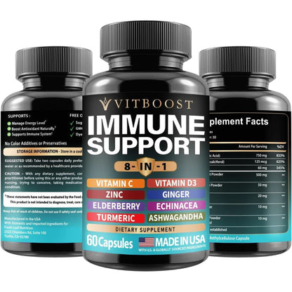 Ultimate Immune Support Supplement 8-In-1 Formula with Echinacea, Vitamin C & Zinc, Vitamin D 5000 IU, Turmeric, Ginger, Ashwagandha, Elderberry – 60 Capsules