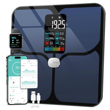 ABLEGRID Body Fat Scale,Digital Smart Bathroom Scale for Body Weight, Large LCD Display Screen, 16 Body Composition Metrics BMI, Water Weigh, Heart Rate, Baby Mode, 400Lb, Rechargeable