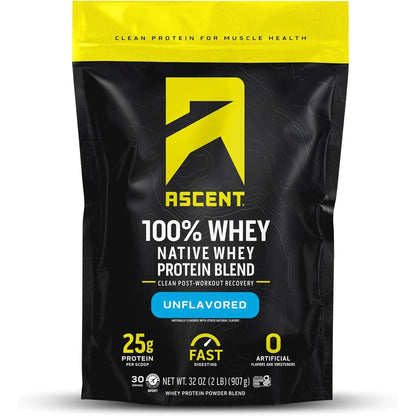 Ascent 100% Whey Protein Powder - Post Workout Whey Protein Isolate, Zero Artificial Flavors & Sweeteners, Soy & Gluten Free, 5.5G BCAA, 2.6G Leucine, Essential Amino Acids, Vanilla Bean 2 Lb