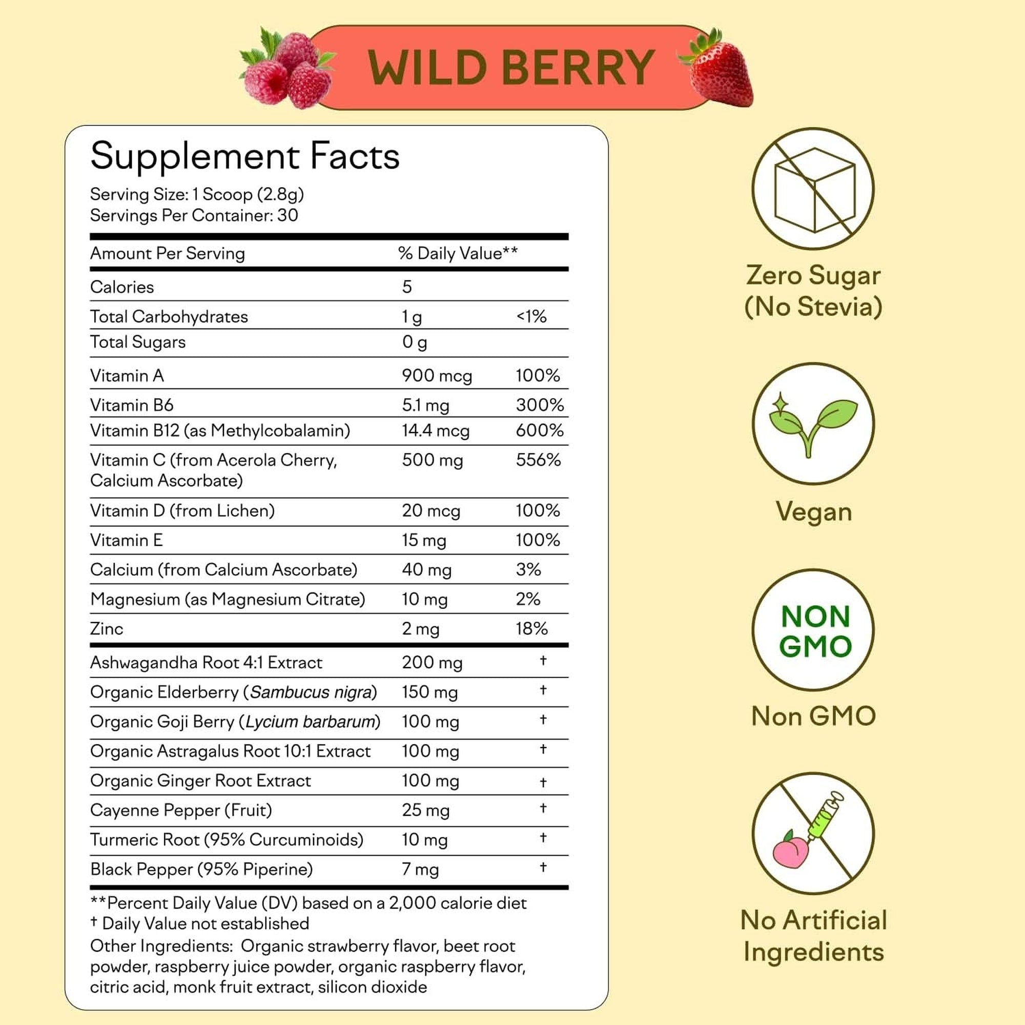 Feel Goods Immunity Icon, Zero Sugar, Vitamin C, A, B, D, E & Zinc, Organic Elderberry, Ashwagandha, Drink Mix Powder, Vegan, Non GMO, Caffeine & Gluten Free | Wild Berry, 30 Servings