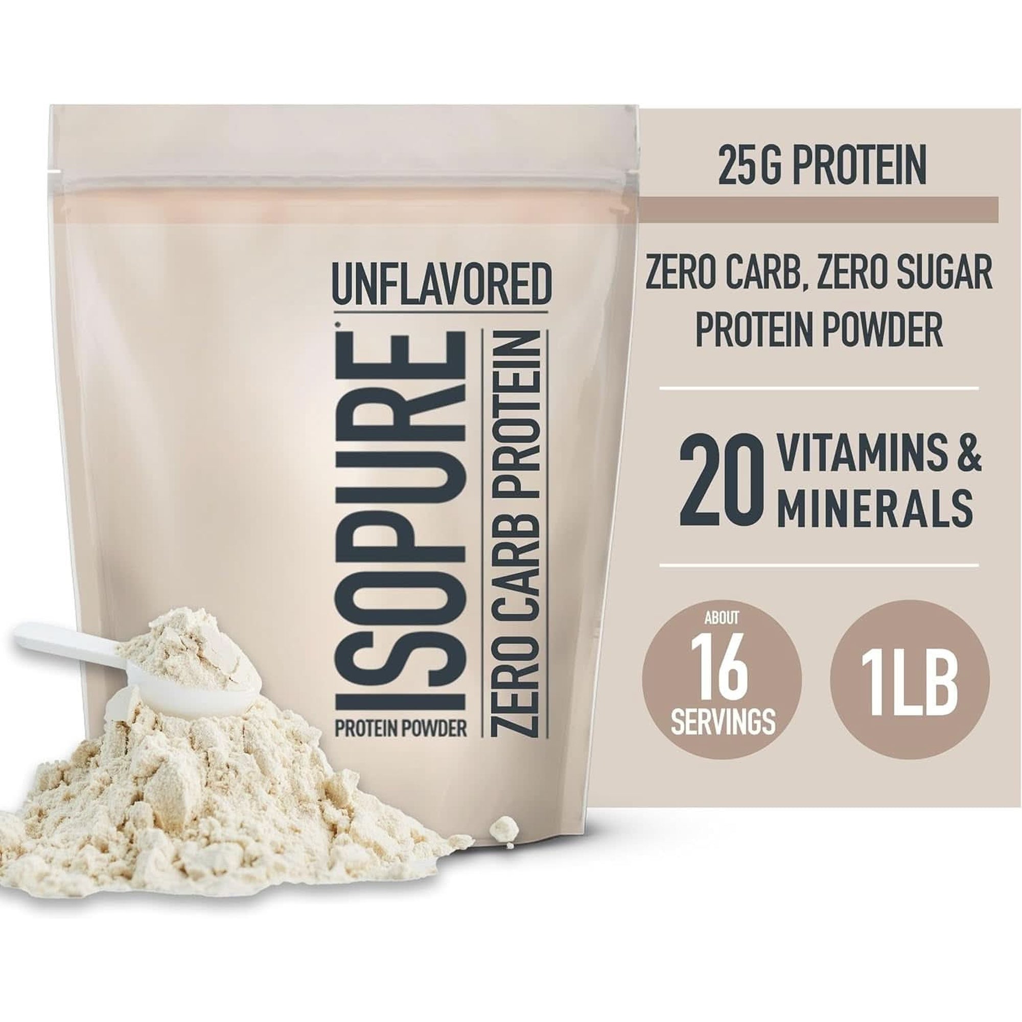 Isopure Unflavored Protein, Whey Isolate, with Vitamin C & Zinc for Immune Support, 25G Protein, Zero Carb & Keto Friendly, 1 Pound (Packaging May Vary)