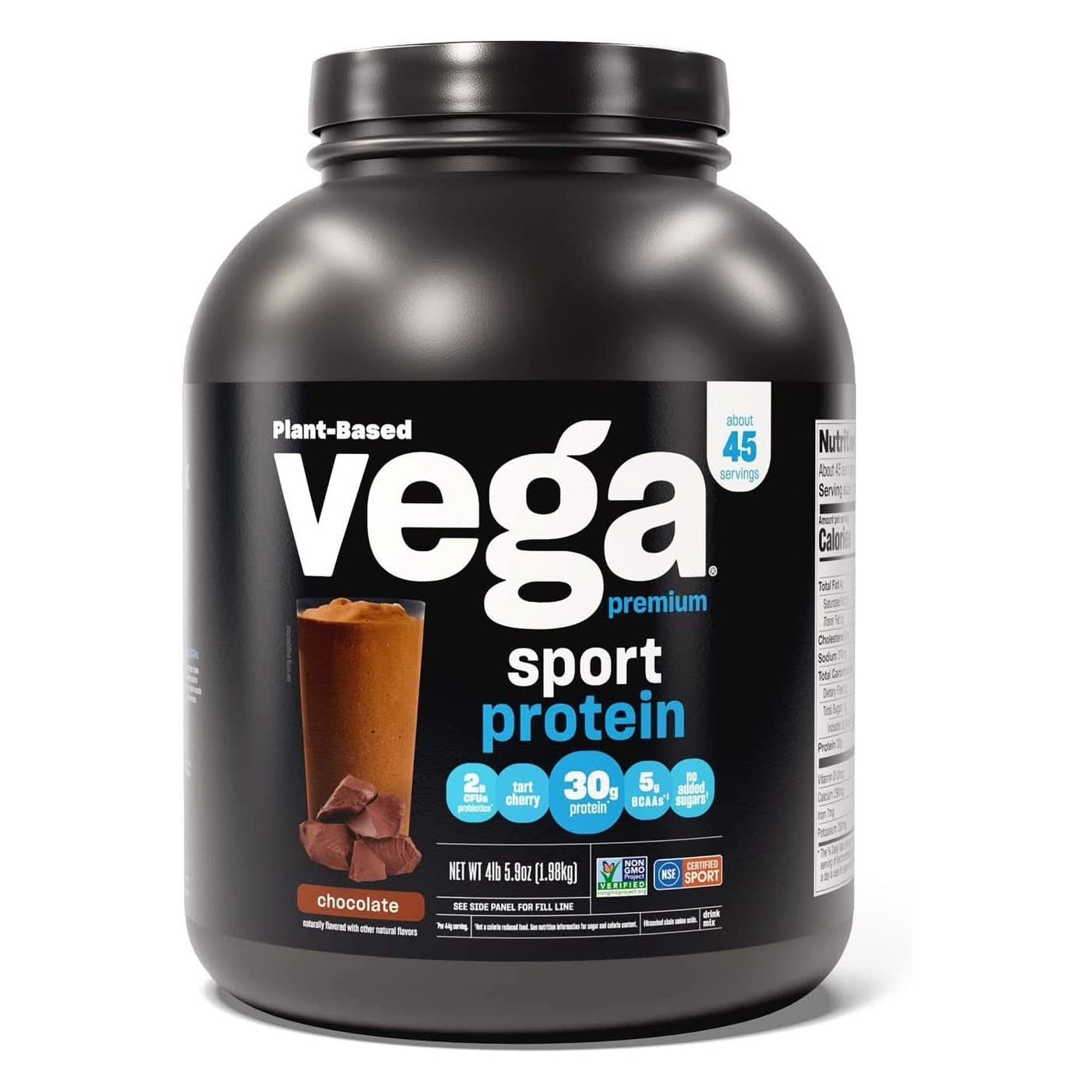 Vega Sport Premium Vegan Protein Powder Chocolate(45 Servings) 30G Plant Based Protein,5G Bcaas,Dairy Free,Gluten Free,Non Gmo,Pea Protein for Women and Men,4Lbs 5.9Oz(Packaging May Vary)