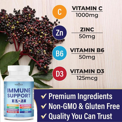 8 in 1 Immune Support Booster Supplement with Echinacea, Vitamin C and Zinc 50Mg, Vitamin D 5000 IU, Turmeric Curcumin & Ginger, B6, Elderberry 120 Count (Pack of 2)