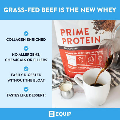 Equip Foods Prime Protein Powder | Clean, Grass Fed Beef Protein Isolate | Carnivore Protein Powder | Paleo, Keto Friendly | Gluten, Dairy Free | Helps Build & Repair Tissue | 30 Servings, Chocolate