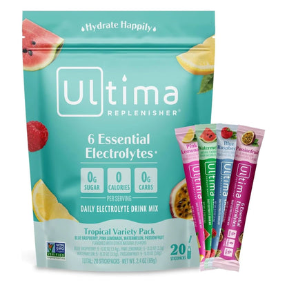 Ultima Replenisher Daily Electrolyte Drink Mix – Tropical Variety, 20 Stickpacks – Hydration Packets with 6 Electrolytes & Minerals – Keto Friendly, Non-Gmo & Sugar-Free Electrolyte Powder