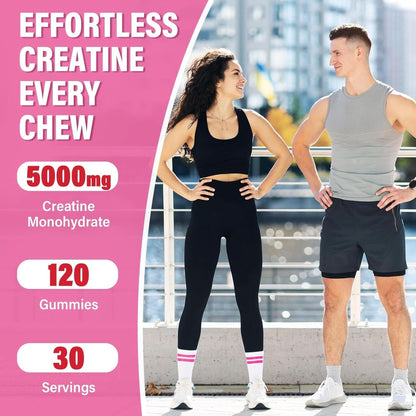 Creatine Monohydrate Gummies 5000Mg for Men & Women, Gomitas De Creatina 5G Creatine Monohydrate, 0G Sugar Chewables Creatine Pre-Work Out for Muscle Strength, Vegan,120 Count (120 Count, Strawberry)