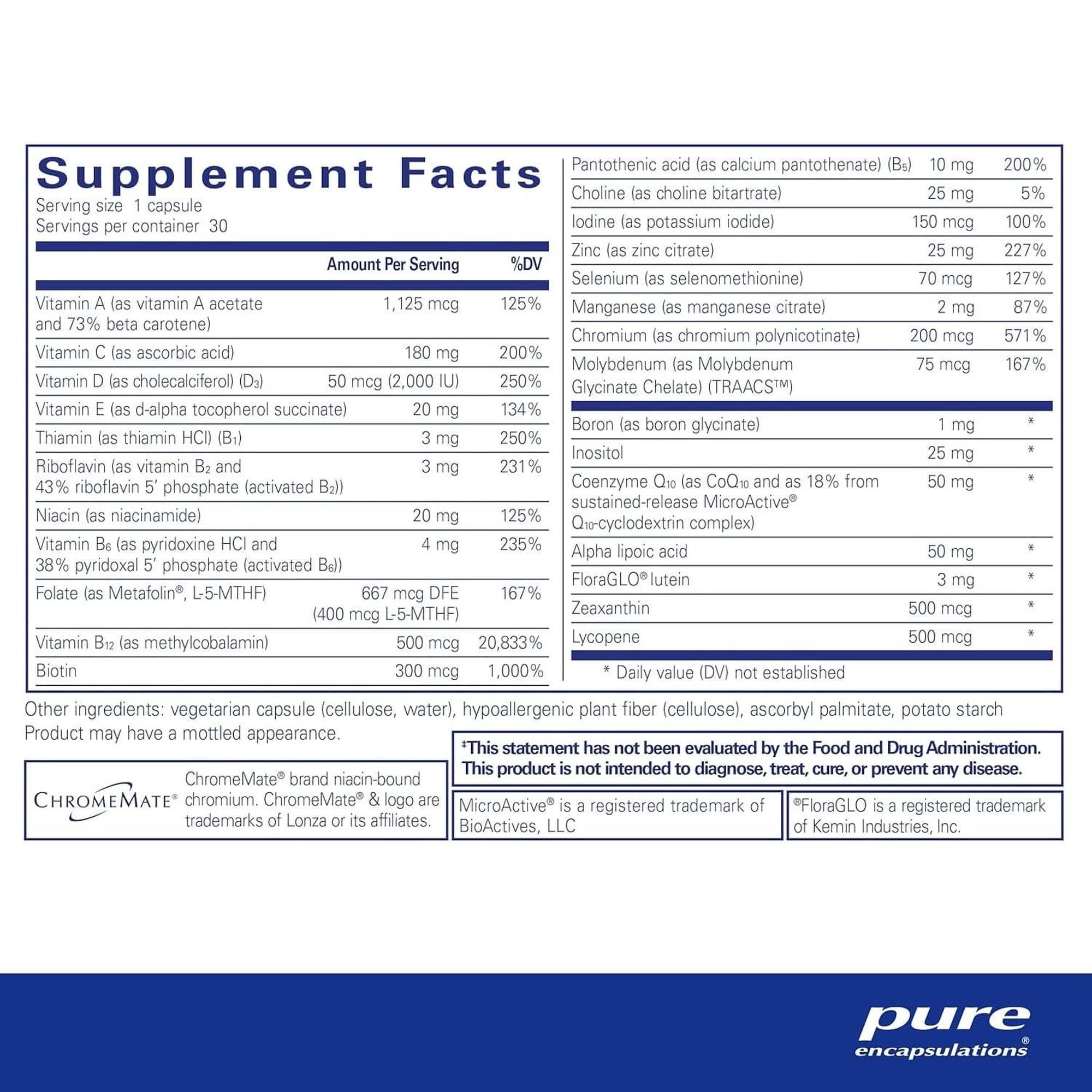 Pure Encapsulations O.N.E. Multivitamin - Once Daily Multivitamin with Antioxidant Complex Metafolin, Coq10, and Lutein to Support Vision, Cognitive Function, and Cellular Health* - 30 Capsules