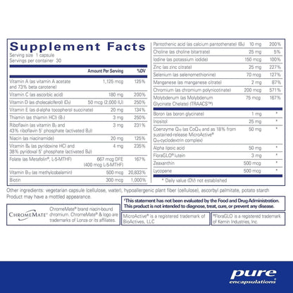 Pure Encapsulations O.N.E. Multivitamin - Once Daily Multivitamin with Antioxidant Complex Metafolin, Coq10, and Lutein to Support Vision, Cognitive Function, and Cellular Health* - 30 Capsules