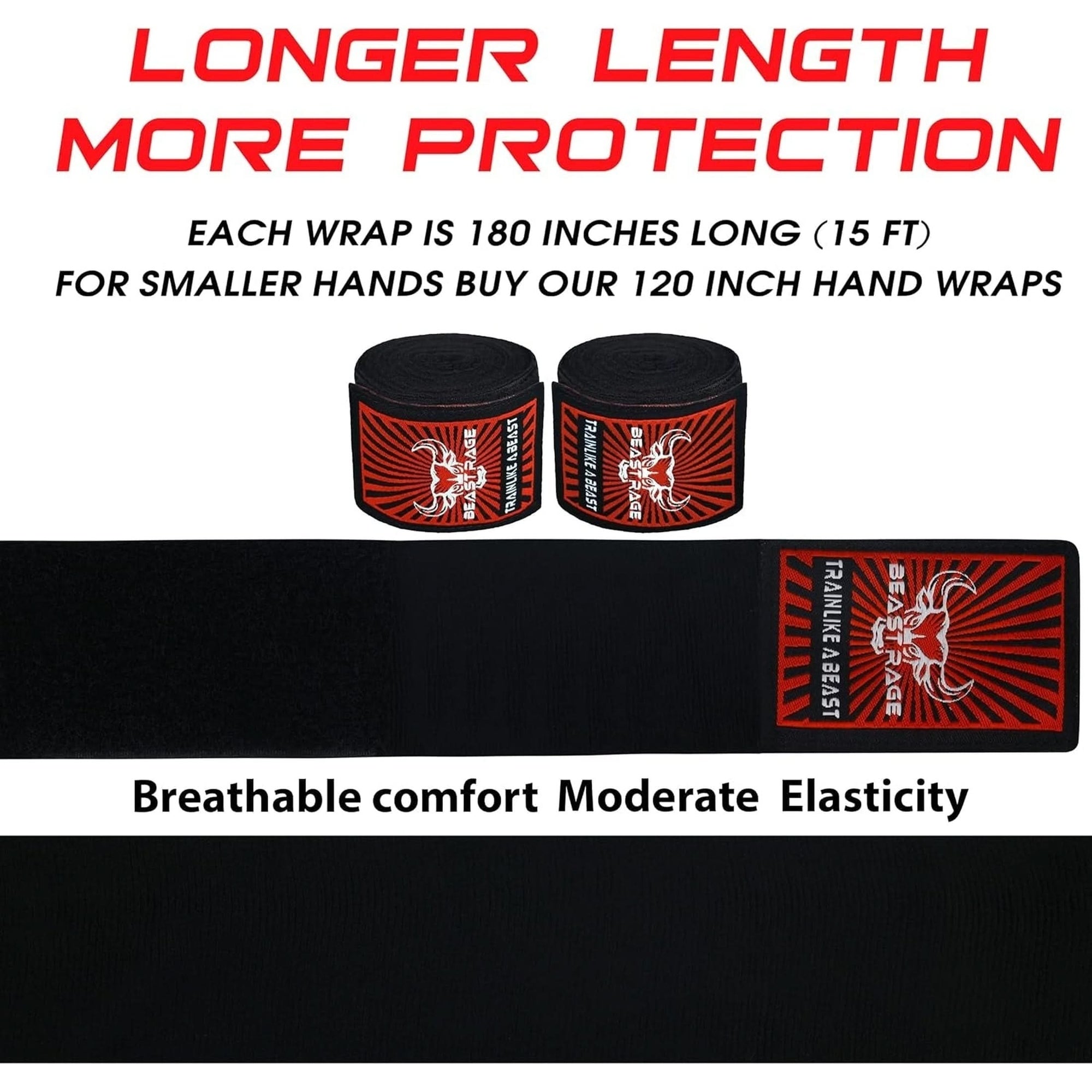 BEAST RAGE Boxing Hand Wraps for MMA Kickboxing Wrist Wraps Professional Adult 180" Semi-Elastic Martial Arts Inner Gloves Heavy Bag Handwraps Muay Thai Thumb Straps