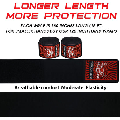 BEAST RAGE Boxing Hand Wraps for MMA Kickboxing Wrist Wraps Professional Adult 180" Semi-Elastic Martial Arts Inner Gloves Heavy Bag Handwraps Muay Thai Thumb Straps