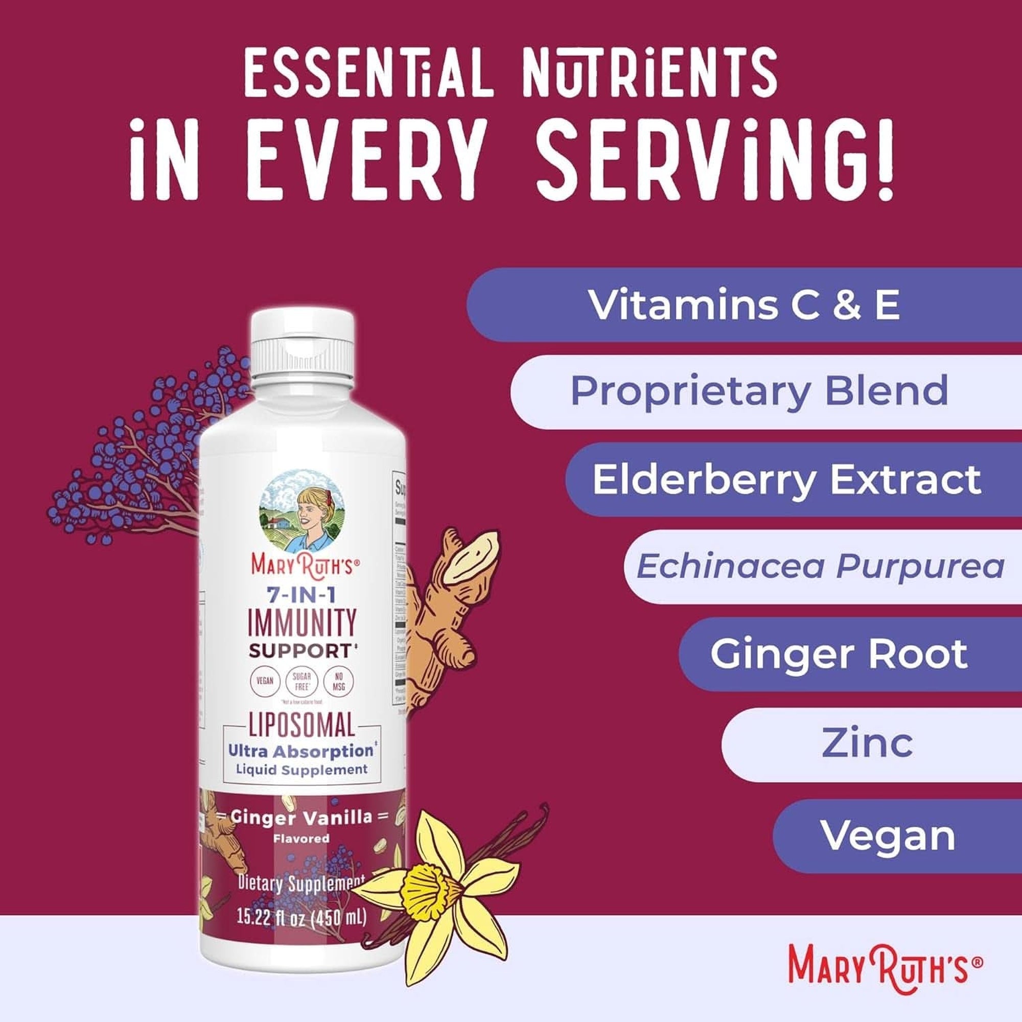 7 in 1 Immunity Liposomal by Maryruth'S | Elderberry Liquid with Vitamin C | Liquid Vitamins | Immune Support Supplement | Elderberry with Zinc and Vitamin C | Vegan| Gluten Free | 30 Servings