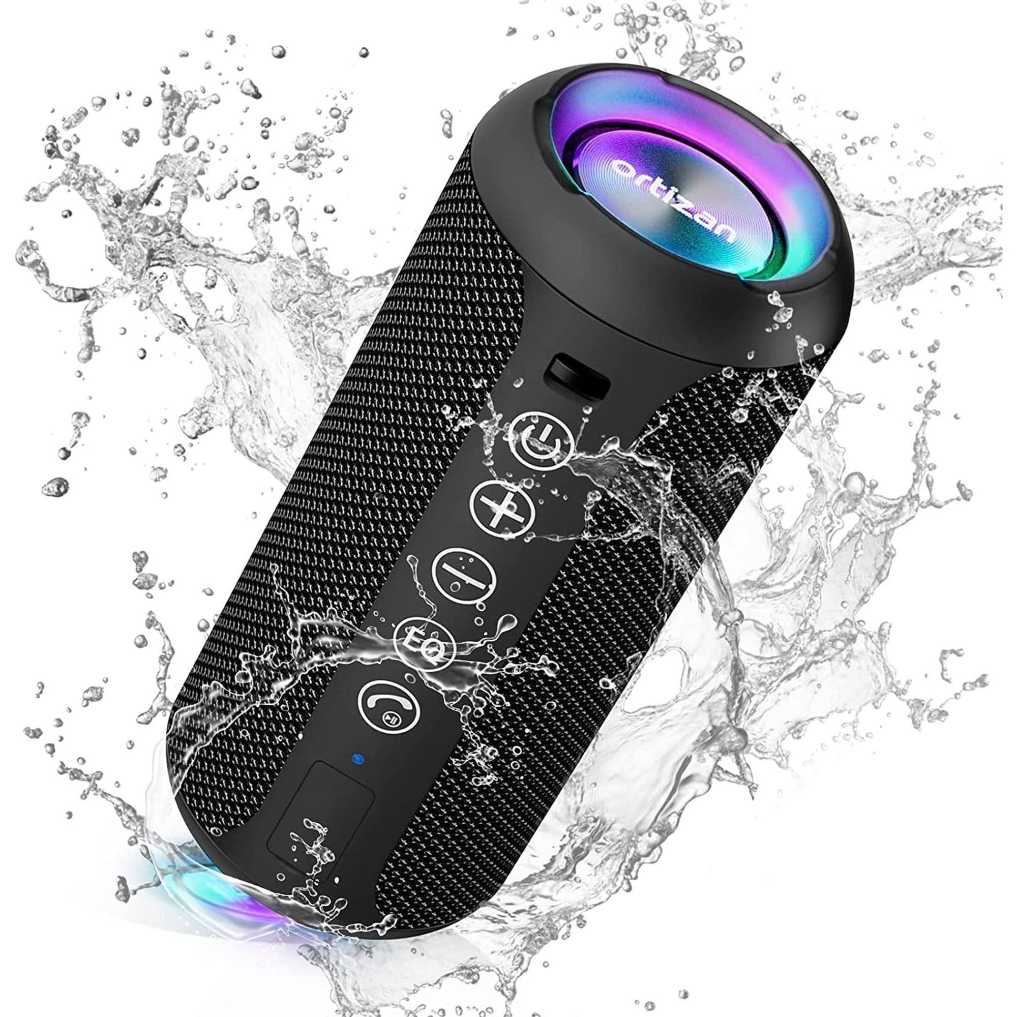 Ortizan Portable Bluetooth Speaker: IPX7 Waterproof, 24W Loud Sound, Deep Bass, Bluetooth 5.3, LED Lights, Wireless Stereo Pairing, 30H Playtime, for Home/Outdoor/Party/Beach, Birthday Gift Black