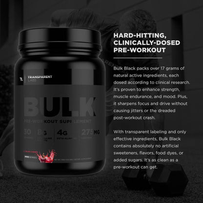 Transparent Labs Bulk Black Pre Workout - Clinically Dosed, Sugar Free Preworkout for Men and Women with Beta Alanine Powder, Citrulline Malate, & Caffeine Powder- 30 Servings, Black Cherry