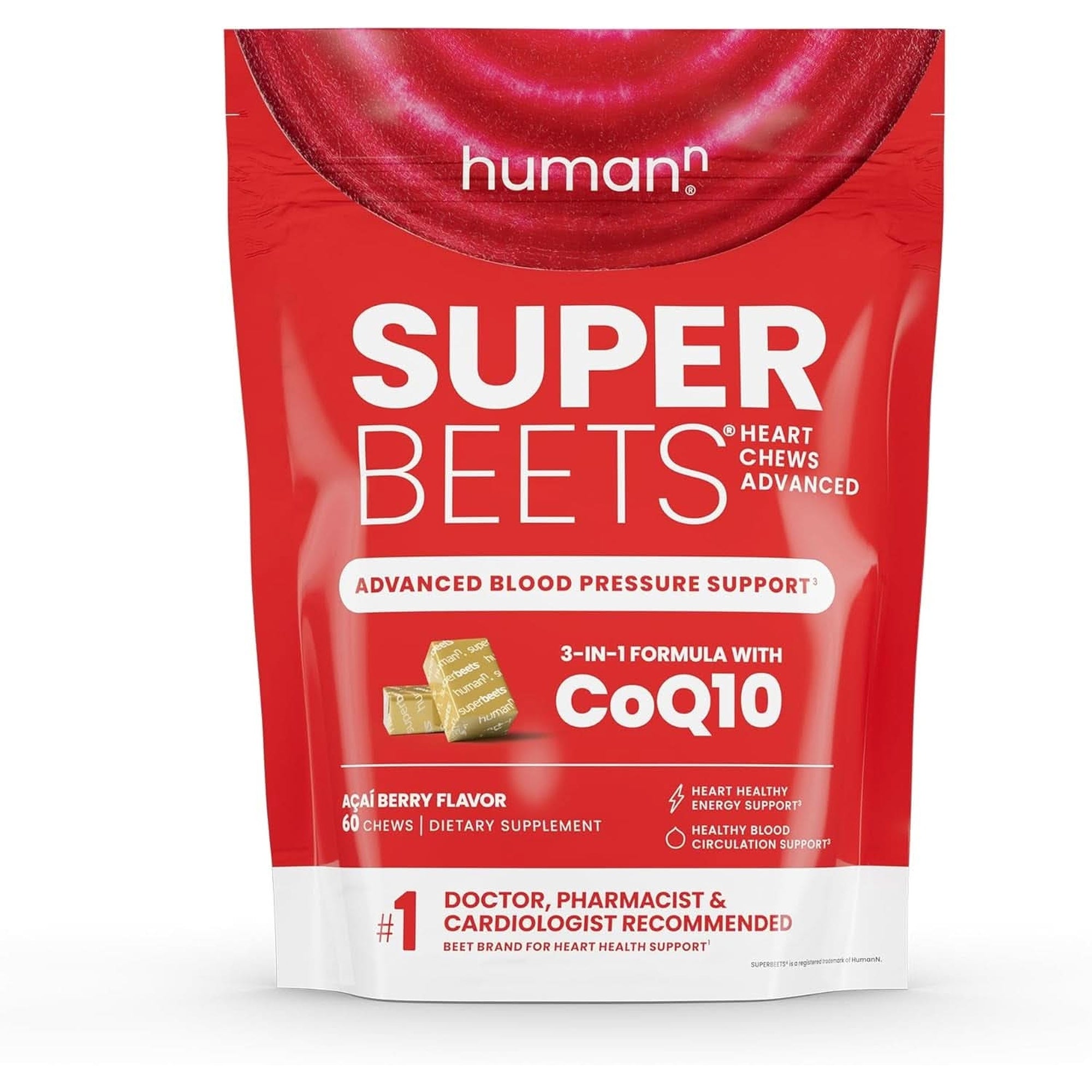 Humann Superbeets Heart Chews, Nitric Oxide and Blood Pressure Support, Grape Seed Extract & Non-Gmo Beet Root Powder Energy Chews, Super Beets Heart Chews, Pomegranate Berry Flavor, 60 Count