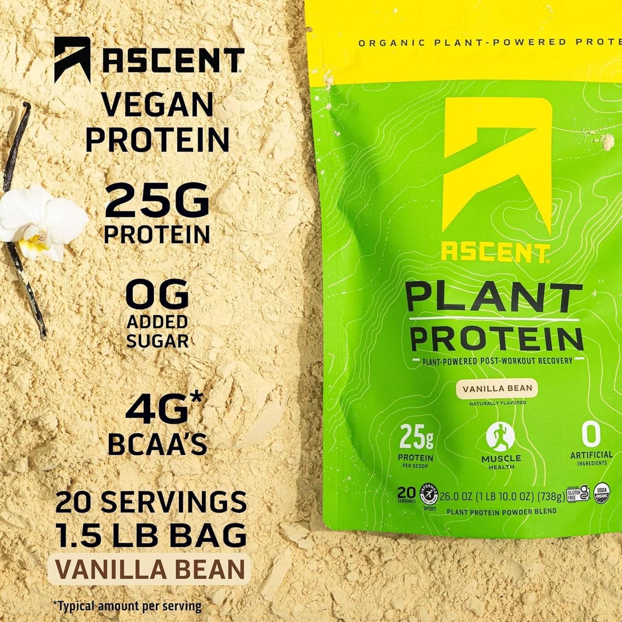 Ascent Plant Based Protein Powder - Non Dairy Vegan Protein, Zero Artificial Ingredients, Soy & Gluten Free, No Added Sugar, 4G BCAA, 2G Leucine - Vanilla, 20 Servings