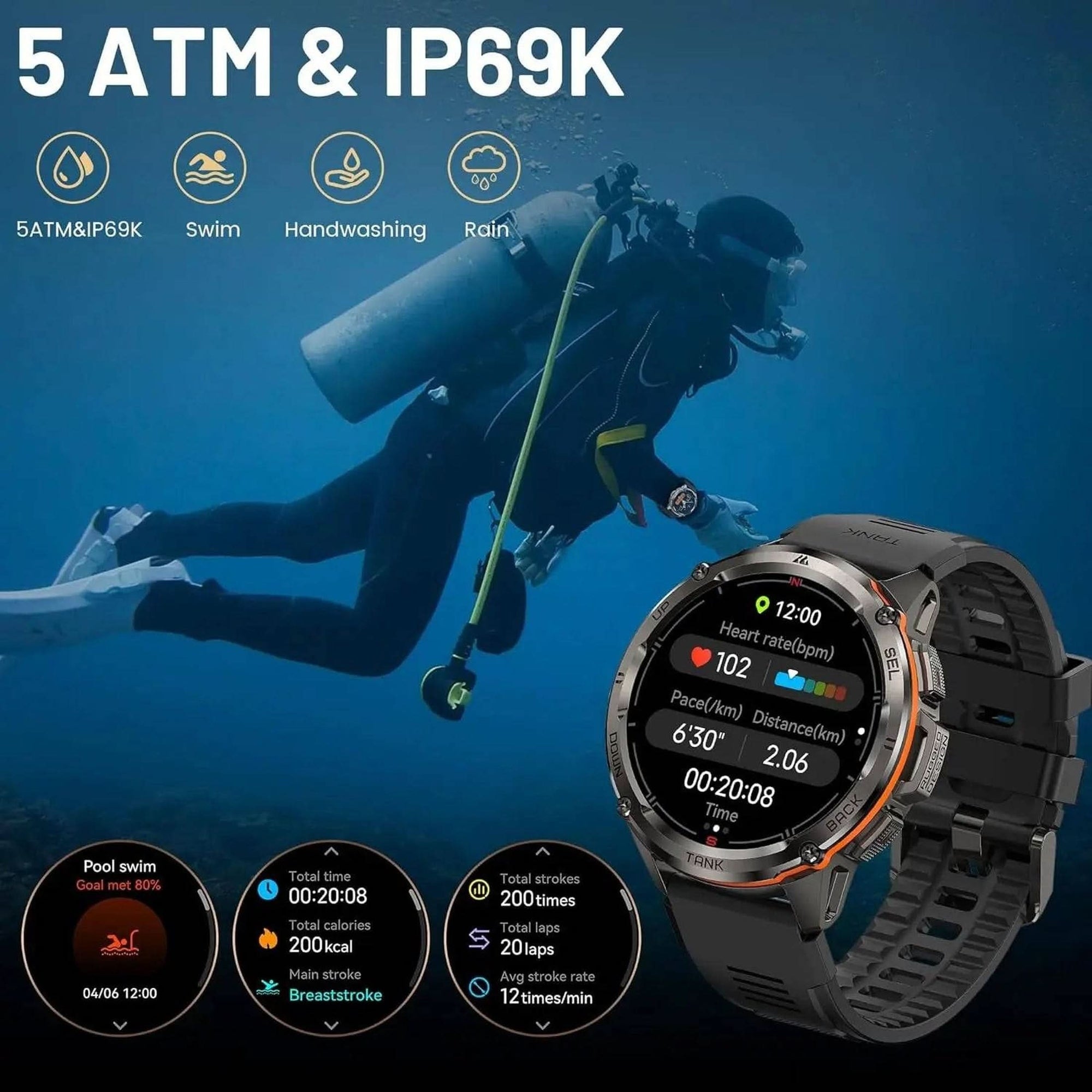 AMAZTIM GPS Smart Watch for Men, 6 Satellite Positioning, Compass, Stainless Steel Body, 50M Waterproof, 480Mah Extra-Large Battery