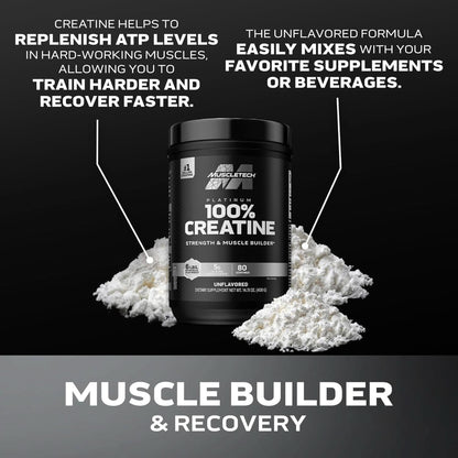 Creatine Monohydrate Powder Muscletech Platinum Pure Micronized Muscle Recovery + Builder for Men & Women Workout Supplements Unflavored (80 Servings)