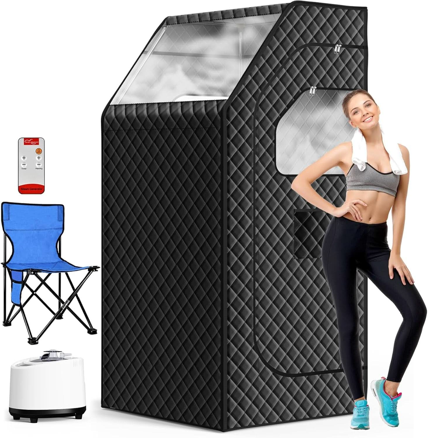 Portable Sauna for Home, Personal Steam Sauna Box, Indoor Sauna Tent at Home Full Body with 1000W 2.6L Steamer, Timer, Remote Control, Folding Chair, 9 Levels Heating, 2.6' X 2.6' X 5.9'