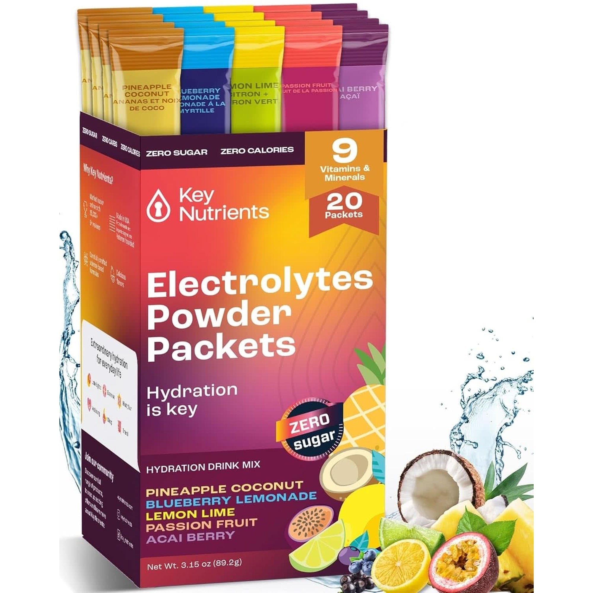 KEY NUTRIENTS Multivitamin Electrolytes Powder No Sugar - Sweet Blue Raspberry Electrolyte Powder - Endurance & Energy Supplement - Hydration Powder - No Calories - 90 Servings - Made in USA