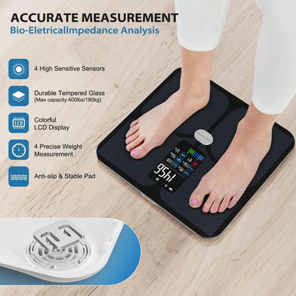 ABLEGRID Body Fat Scale,Digital Smart Bathroom Scale for Body Weight, Large LCD Display Screen, 16 Body Composition Metrics BMI, Water Weigh, Heart Rate, Baby Mode, 400Lb, Rechargeable