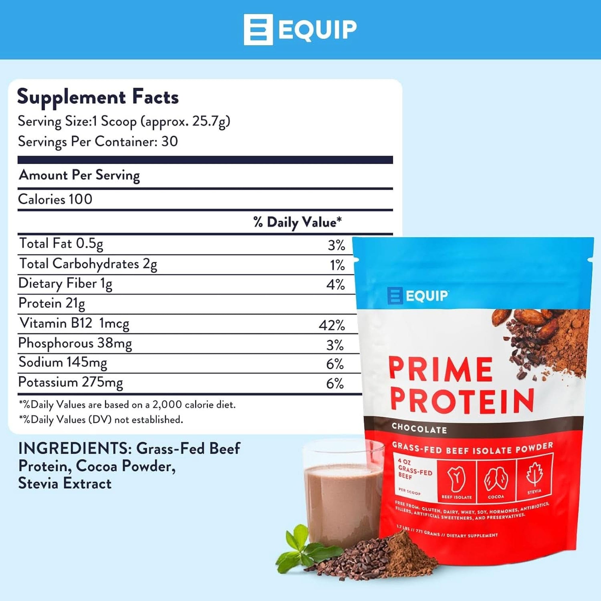 Equip Foods Prime Protein Powder | Clean, Grass Fed Beef Protein Isolate | Carnivore Protein Powder | Paleo, Keto Friendly | Gluten, Dairy Free | Helps Build & Repair Tissue | 30 Servings, Chocolate