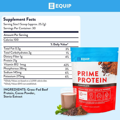 Equip Foods Prime Protein Powder | Clean, Grass Fed Beef Protein Isolate | Carnivore Protein Powder | Paleo, Keto Friendly | Gluten, Dairy Free | Helps Build & Repair Tissue | 30 Servings, Chocolate