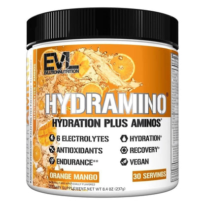 Evlution Nutrition HYDRAMINO Complete Hydration Multiplier, All 6 Electrolytes, Vitamin C & B, Fluid Boosting Aminos, Coconut Water, Endurance, Recovery, Antioxidants, 30 Serve, Orange Mango