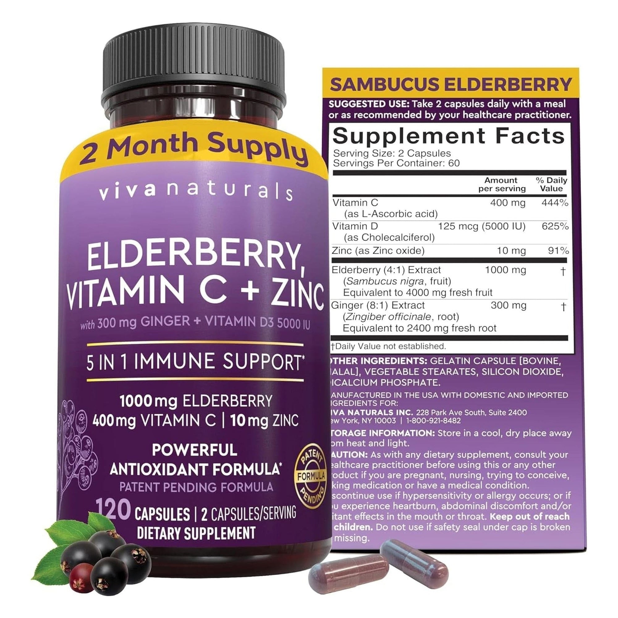 Viva Naturals Elderberry with Vitamin C and Zinc for Adults - 5 in 1 Sambucus Black Elderberry Capsules with Vitamin D3 5000 IU, Elderberries Immune Support Supplement 2 Months Supply Pills