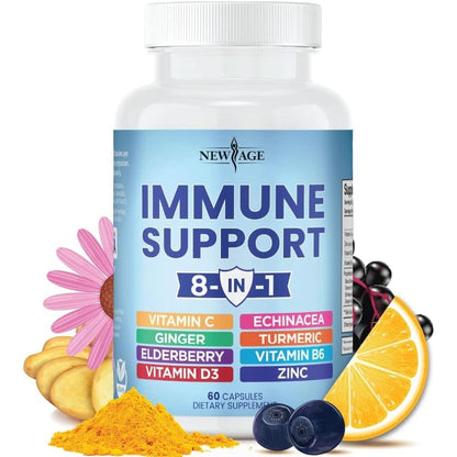 8 in 1 Immune Support Booster Supplement with Echinacea, Vitamin C and Zinc 50Mg, Vitamin D 5000 IU, Turmeric Curcumin & Ginger, B6, Elderberry 120 Count (Pack of 2)