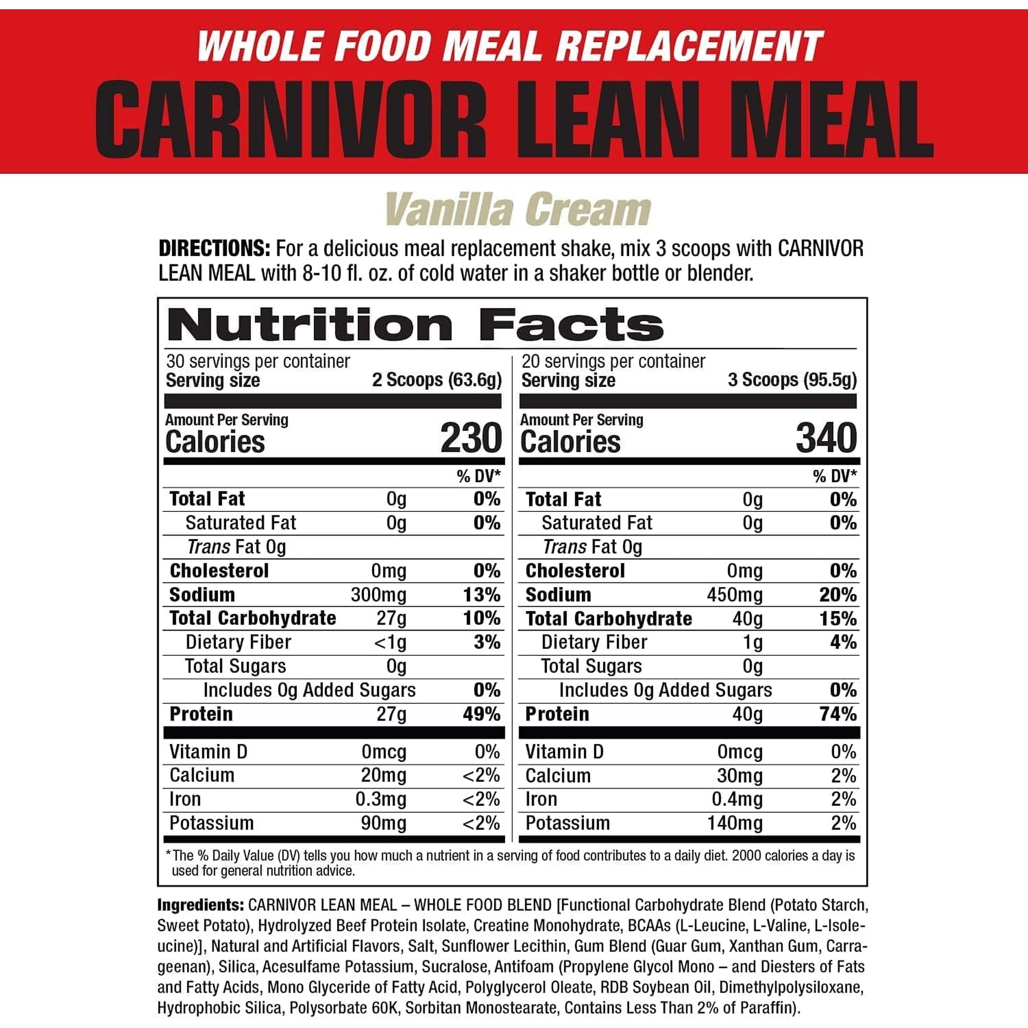 Musclemeds CARNIVOR LEAN MEAL Whole Food Meal Replacement Shake, MRE, Beef Protein Isolate, White Potato, Sweet Potato, 40G Protein, 40 G Carbs, Lactose Free, Sugar Free, Vanilla Cream 20 Servings