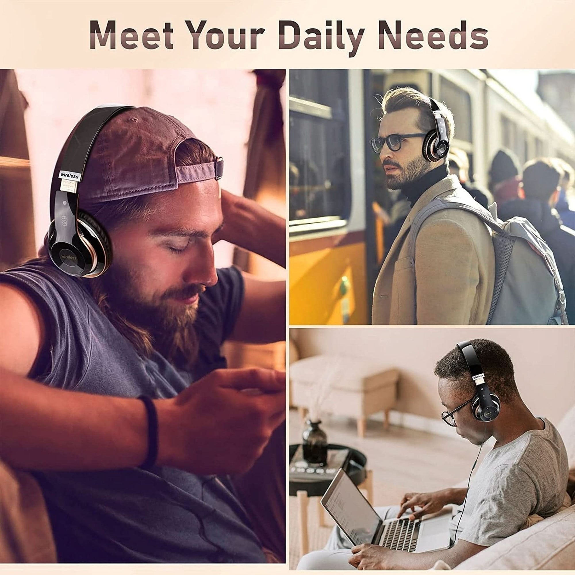 Bluetooth Headphones over Ear, 6S Wireless Headphones Wired with 6 EQ Modes, 40 Hours Playtime Foldable Hifi Stereo Headset with Microphone, FM/TF for Cellphone/Pc/Work Black & Gold