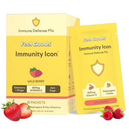 Feel Goods Immunity Icon, Zero Sugar, Vitamin C, A, B, D, E & Zinc, Organic Elderberry, Ashwagandha, Drink Mix Powder, Vegan, Non GMO, Caffeine & Gluten Free | Wild Berry, 30 Servings