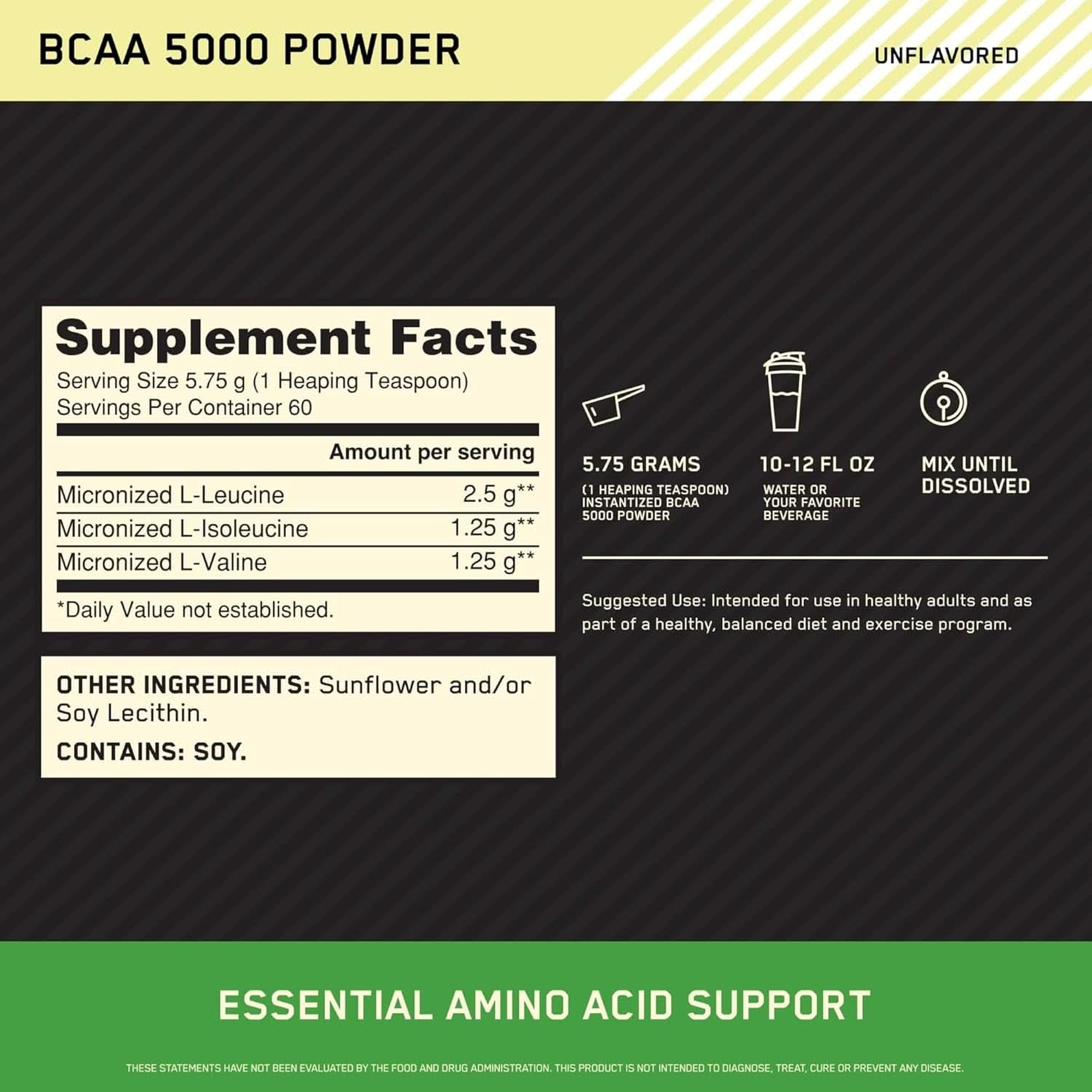 Optimum Nutrition Instantized BCAA Powder, Unflavored, Keto Friendly Branched Chain Essential Amino Acids Powder, 5000Mg, 60 Servings (Packaging May Vary)