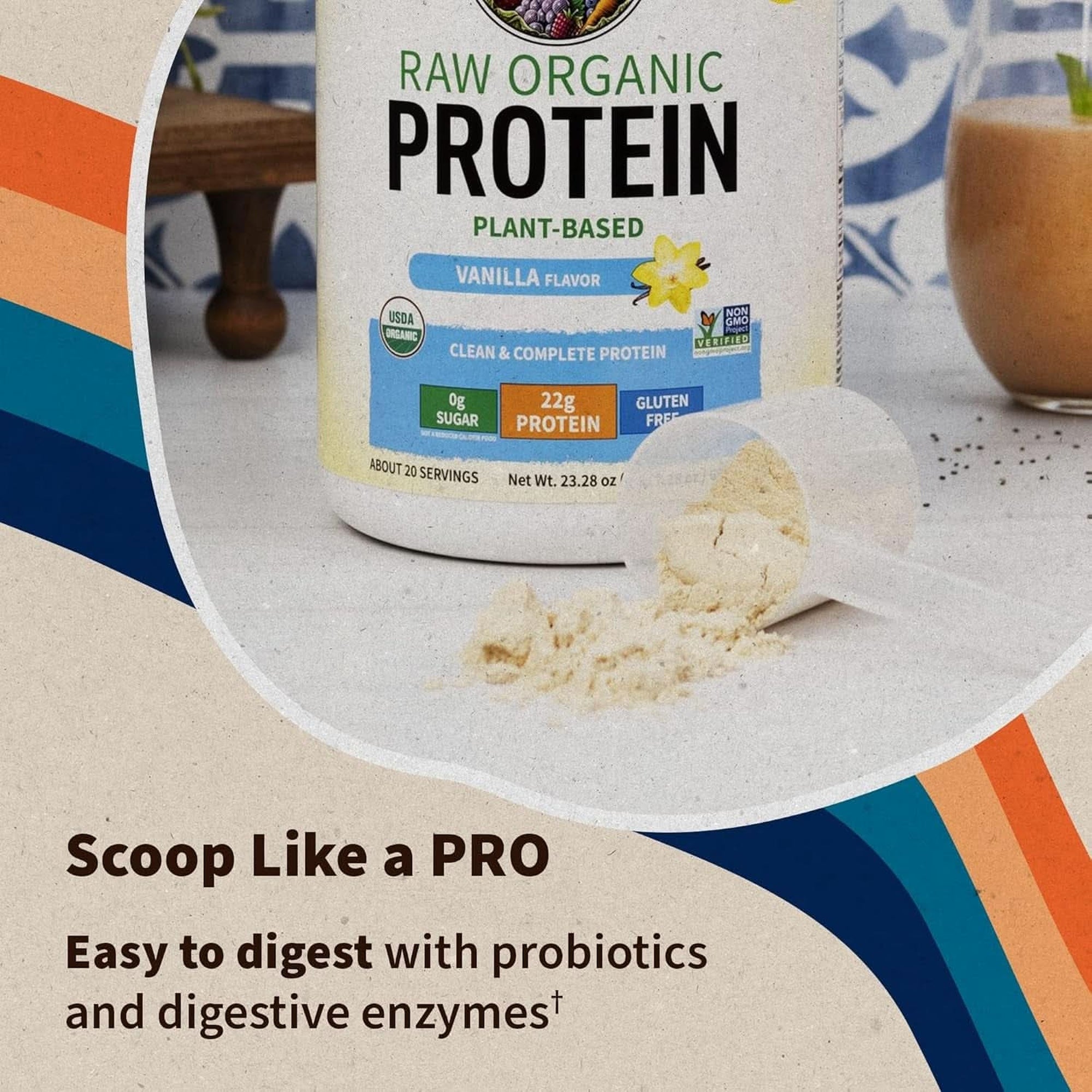 Raw Organic Protein Garden of Life Vanilla Powder, 20 Servings: Certified Vegan, Gluten Free, Organic, Non-Gmo, Plant Based Sugar Free Protein Shake with Probiotics & Enzymes, 4G Bcaas, 22G Protein