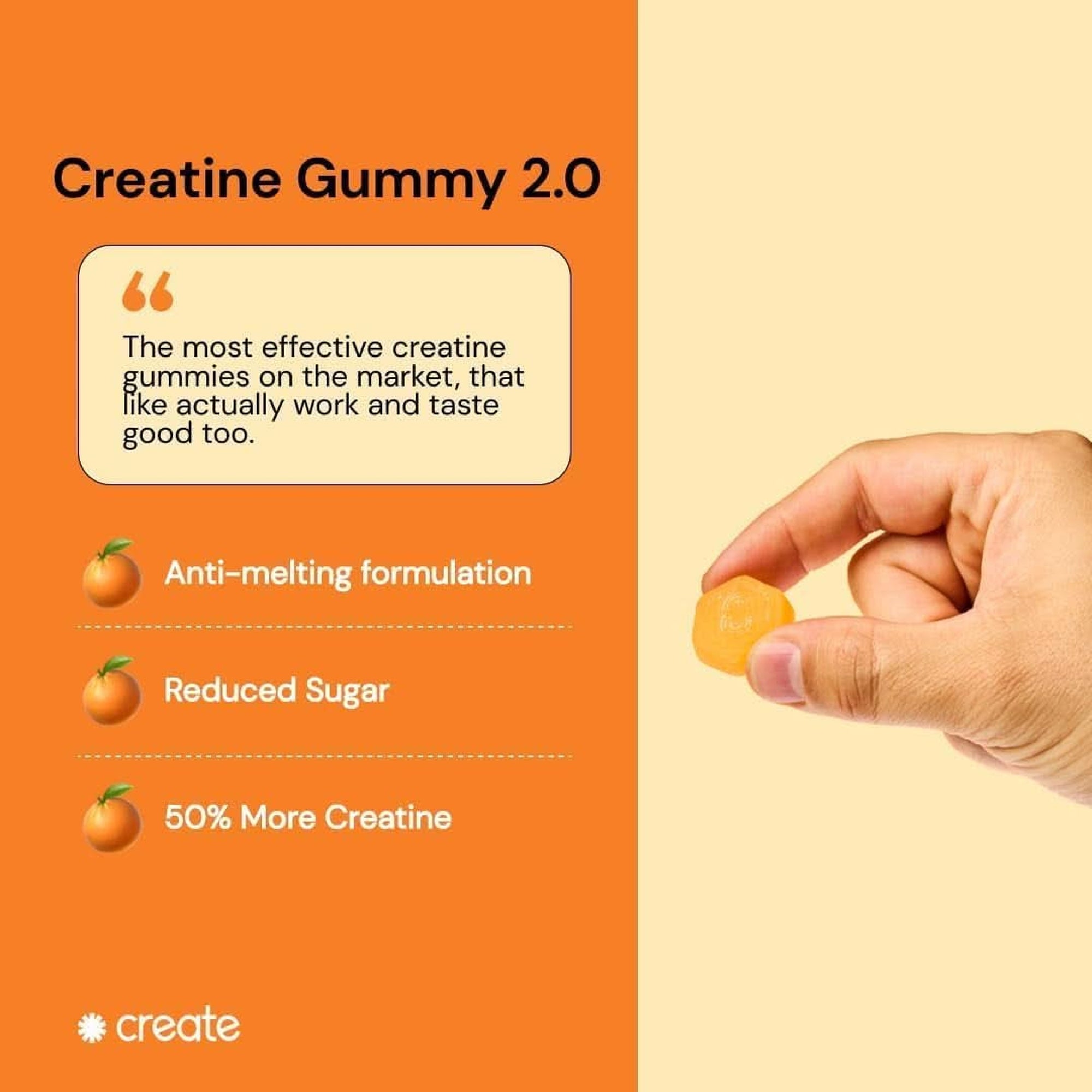 Create Creatine Monohydrate Gummies for Men & Women, Boost Focus, Strength, and Endurance, Anti-Melting Formula, Vegan, Gluten-Free, Non-Gmo, 1.5G of Creatine per Gummy (Orange, 90 Ct)