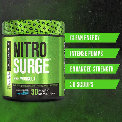 Jacked Factory NITROSURGE Pre Workout Supplement - Endless Energy, Instant Strength Gains, Clear Focus, Intense Pumps - NO Booster & Powerful Preworkout Energy Powder - 30 Servings, Arctic White